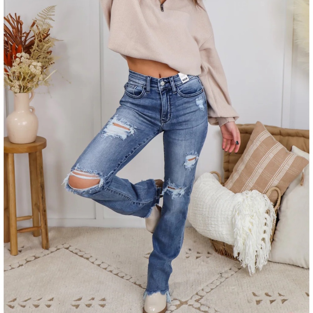 Judy Blue Run Around Mid Rise Distressed Straight Leg Judy Blue Jeans